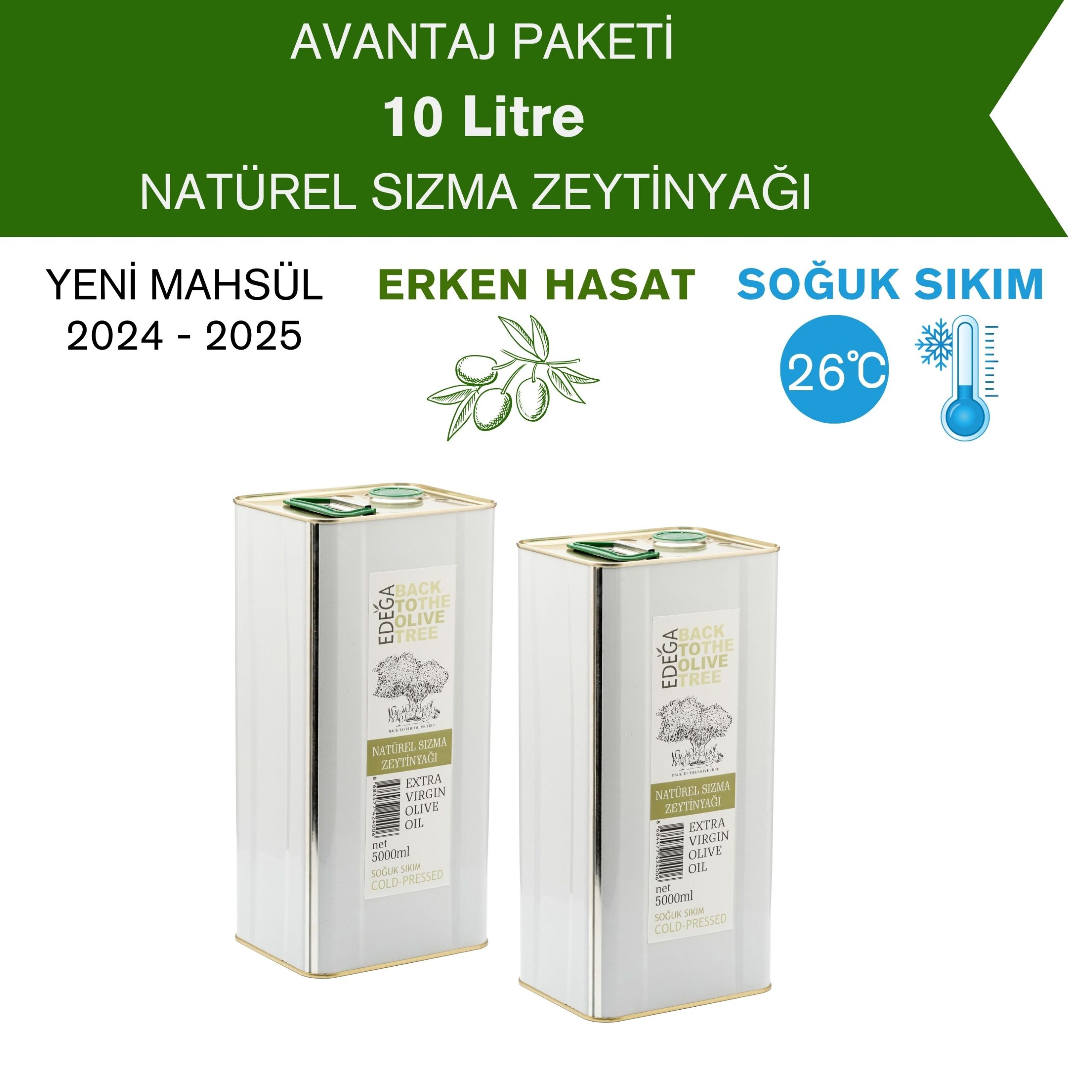 YENİ Erken Hasat Natürel Sızma Zeytinyağı 10 Litre Teneke Ambalaj (Filtreli)