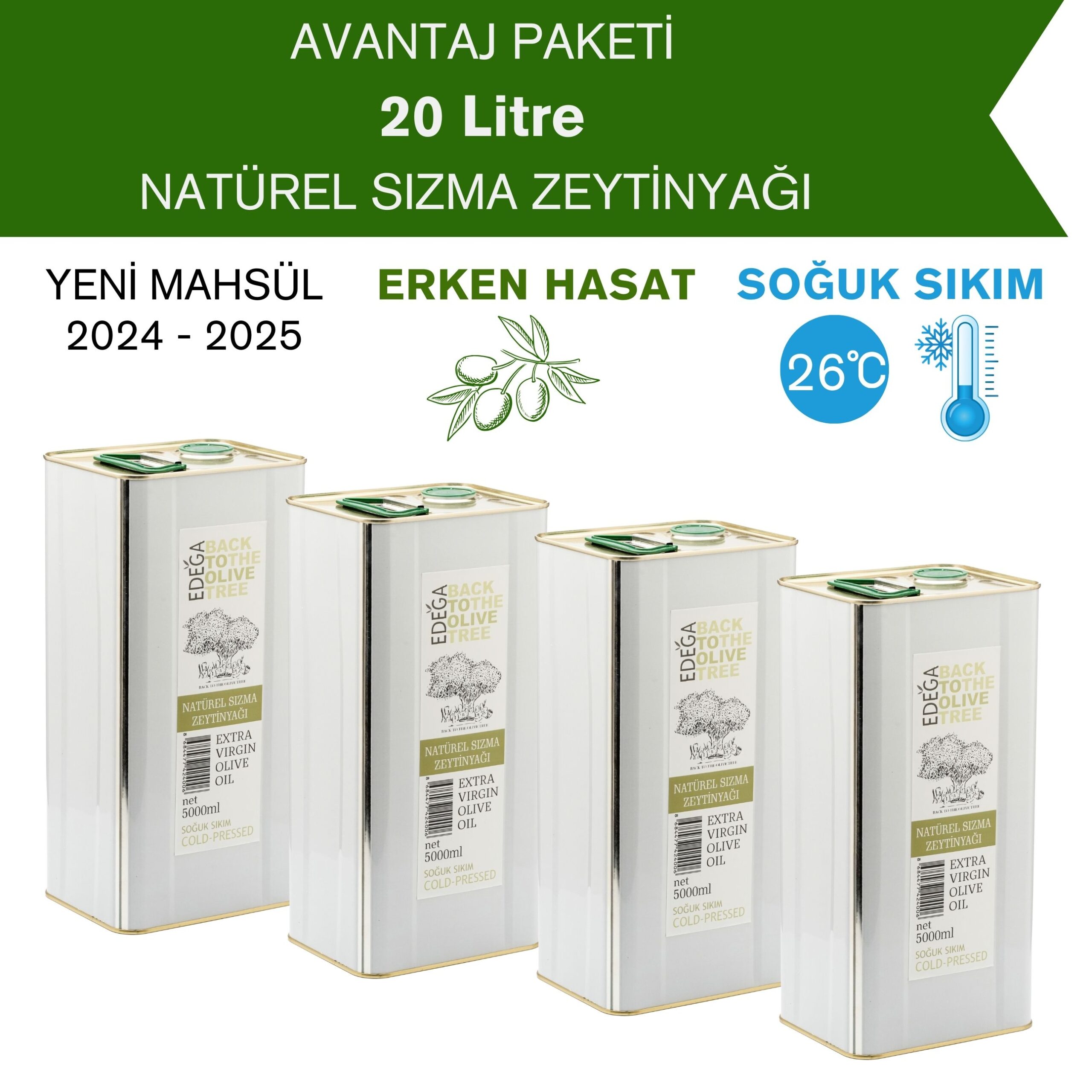 YENİ Erken Hasat Natürel Sızma Zeytinyağı 20 Litre Teneke Ambalaj (Filtreli)