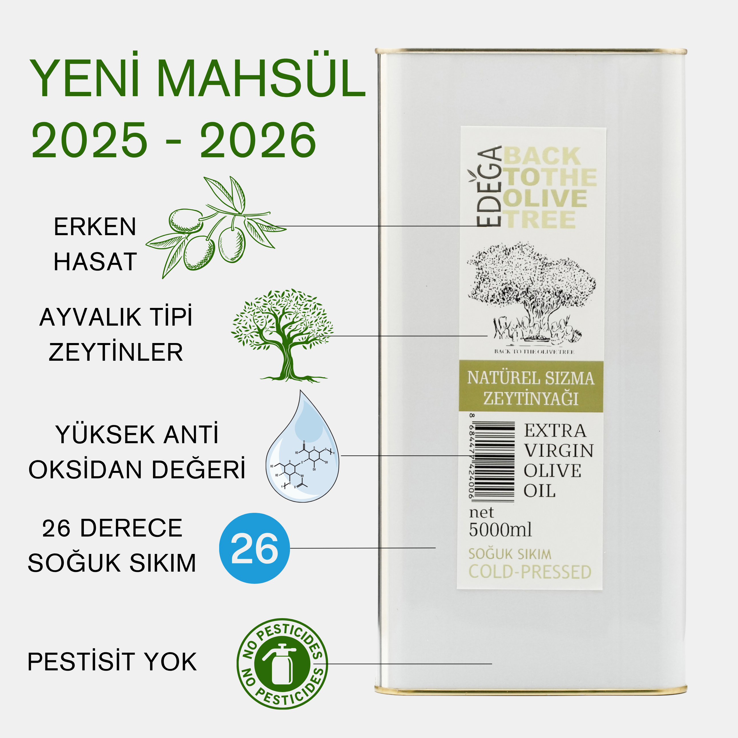 Erken Hasat Natürel Sızma Zeytinyağı 2 Adet 5 Litre Teneke Ambalaj (Filtreli)