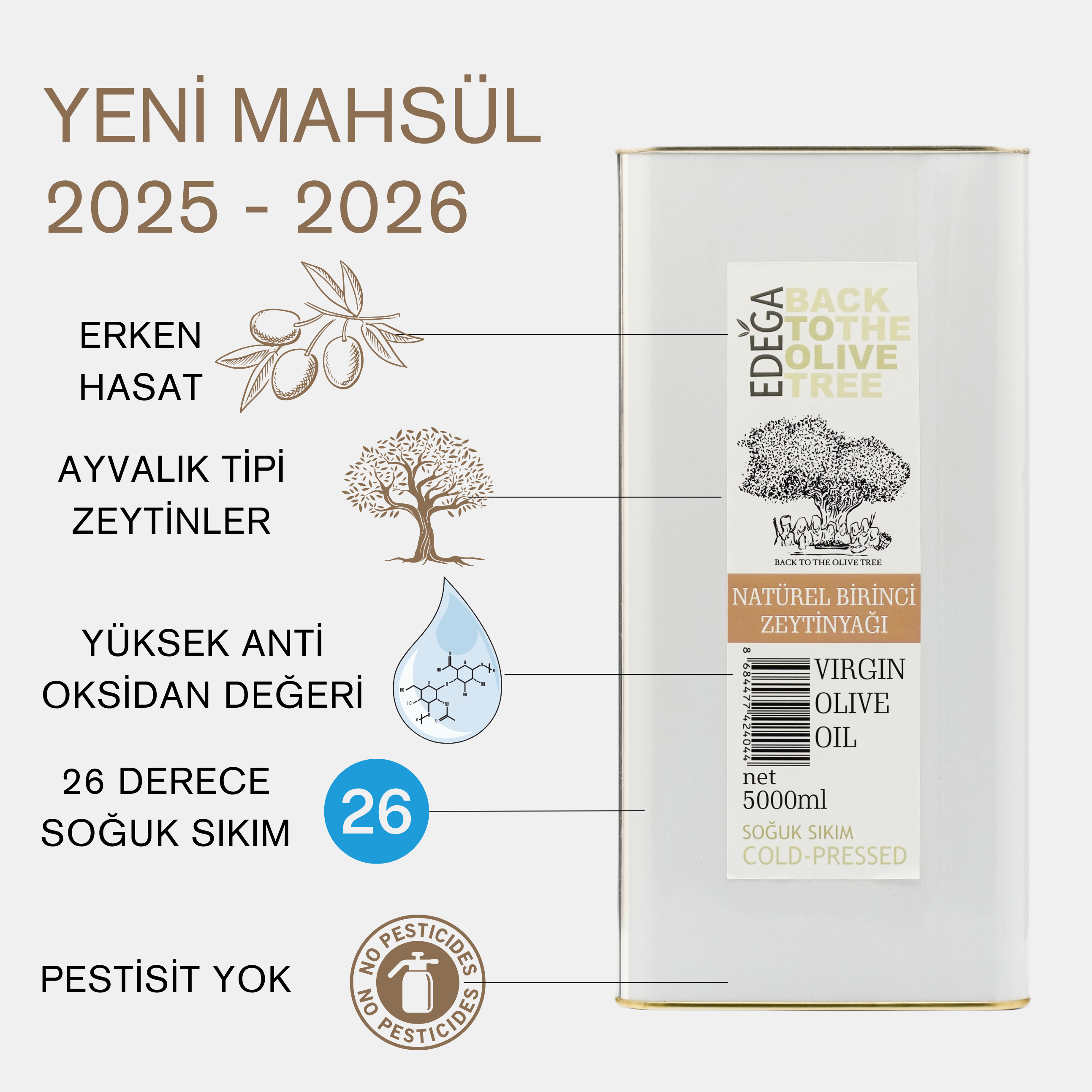 Natürel Birinci Zeytinyağı 2 Adet 5 Litre Teneke Ambalaj – Filtresiz