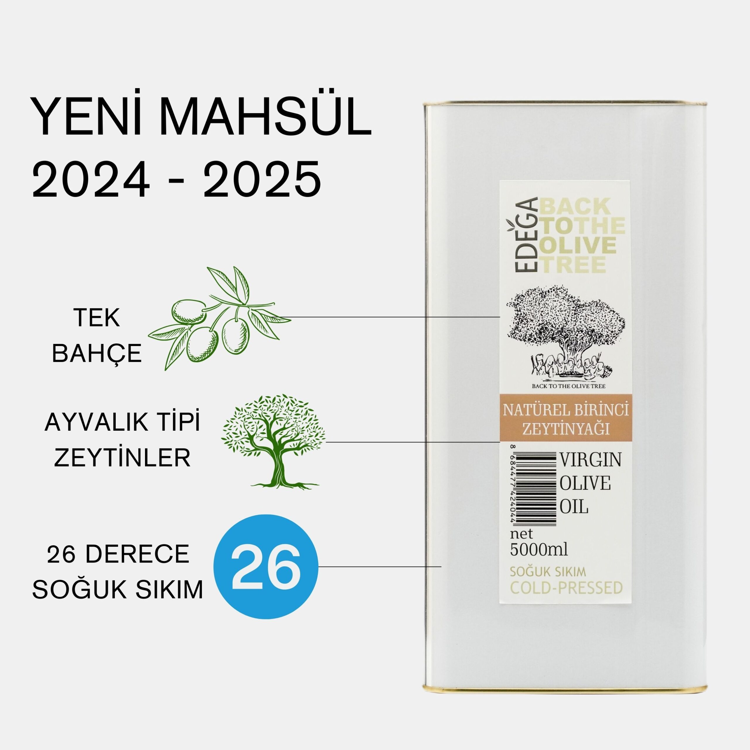 YENİ Natürel Birinci Zeytinyağı 5 Litre Teneke Ambalaj – Filtresiz